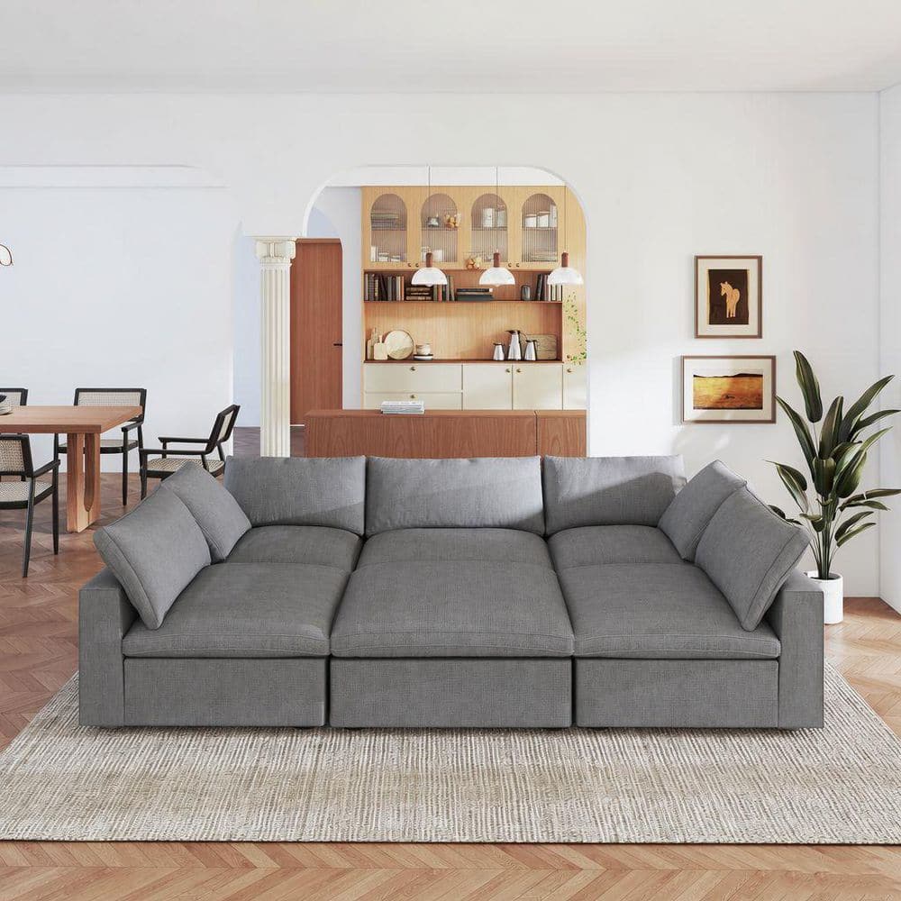 Cloud 118 in. Modular Khaki Linen Down Filled Queen Size 5-Seat Sleeper Sofa Bed with Storage Ottoman, Removable Covers