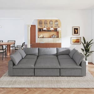 Cloud 118 in. Modular Khaki Linen Down Filled Queen Size 5-Seat Sleeper Sofa Bed with Storage Ottoman, Removable Covers