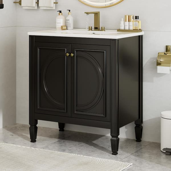 30 in. Single Sink Freestanding Black Bath Vanity with White Ceramic Top, Cabinet with Door Shelf & Functioanl Drawer