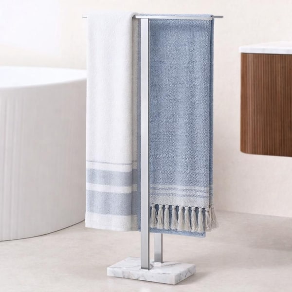 Bathroom Freestanding Towel Rack 37 in. H 2-Tier with Heavy Marble Base in Brushed Finish