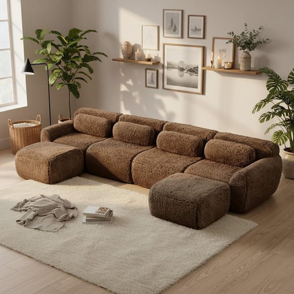 Homy Casa 149 in. Pillow Top Arm 6-Piece Plush Microfiber Modular
