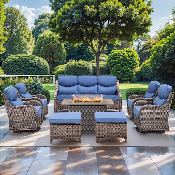 NovaSwivel 8-Piece Brown Wicker Patio Conversation Set Outdoor Fire Pit with 6 in. Blue Cushions and Swivel Gliders