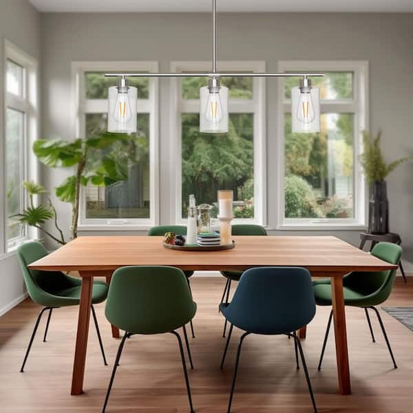 180-Watt 3-Light Chrome Kitchen Island Linear Pendant Mini Pendant Light with Clear Glass Shade