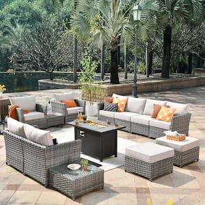 Eufaula Gray 13-Piece Wicker Modern Outdoor Patio Fire Pit Conversation Sofa Seating Set with Coarse Beige Cushions