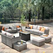 Eufaula Gray 13-Piece Wicker Modern Outdoor Patio Fire Pit Conversation Sofa Seating Set with Coarse Beige Cushions