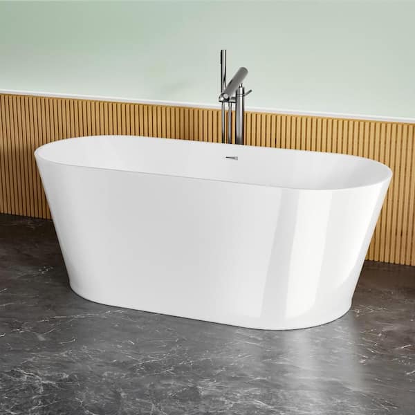 59 in. x 30 in. Acrylic Freestanding Soaking Bathtub with Chrome Overflow and Pop-Up Drain in White, Stand Alone