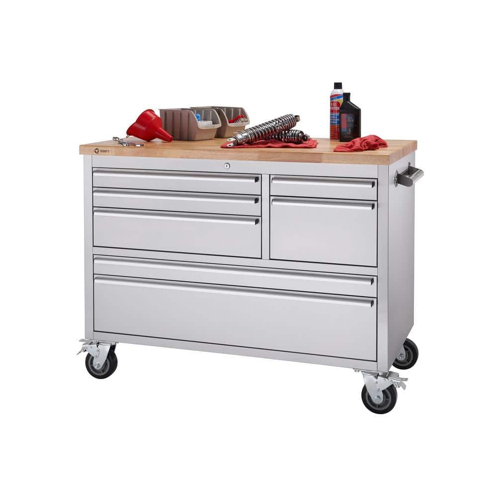 Trinity 48" Stainless Steel 7-Drawer Mobile Workbench with Wood Top