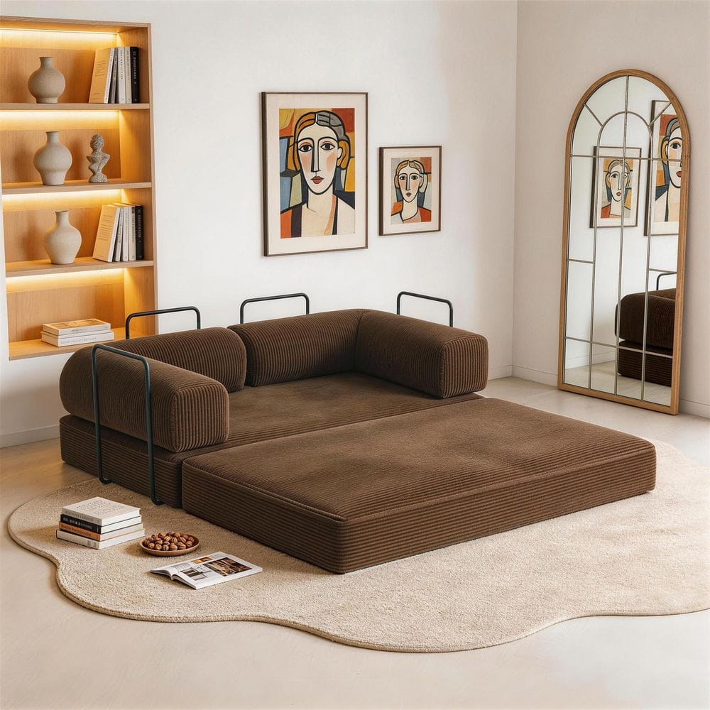 63 in. Brown Corduroy Full Size Convertible Sofa Bed with Adjustable cushion and Pillows(Set of 1)