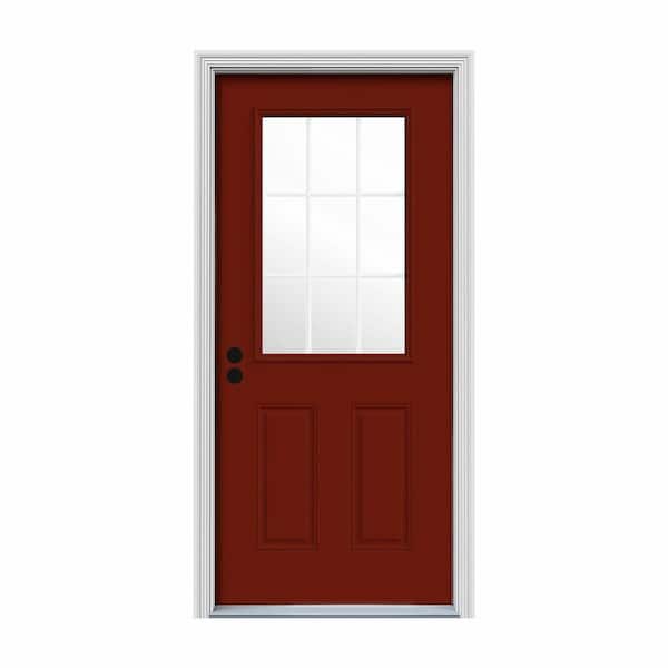 JELD-WEN 36 in. x 80 in. 9 Lite Mesa Red w/ White Interior Steel Prehung Right-Hand Inswing Entry Door w/Brickmould