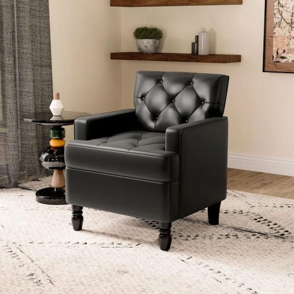 Bestier 26.3 in. W Black Soft Vegan Leather Accent Chair with Removable Cushion Upholstered Tufted Arm with Solid Leg