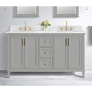 Grayson 61 in. W x 22 in. D x 35 in. H Double Sink Freestanding Bath Vanity in Gray with White Marble Top
