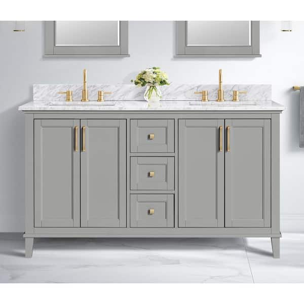 Home Decorators Collection Grayson 61 in. W x 22 in. D x 35 in. H Double Sink Freestanding Bath Vanity in Gray with White Marble Top