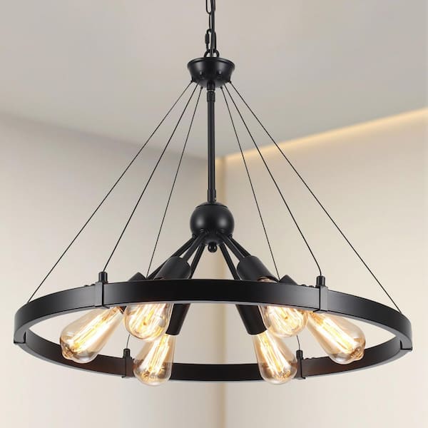 ADSENSTY 23.62 in. 6-Light Black Wagon Wheel Satellite Chandelier for Living Room with No Bulbs Included