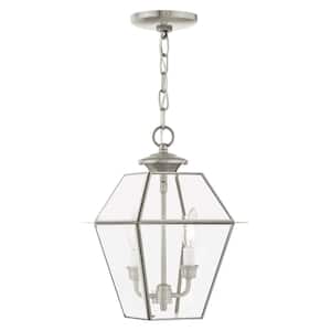 Ainsworth 14 in. 2-Light Brushed Nickel Dimmable Outdoor Pendant Light with Clear Beveled Glass and No Bulbs Included