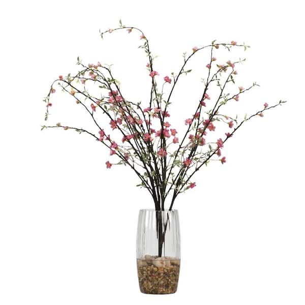 D&W Silks Artificial Indoor Pink Peach Blossom Branches in Glass Vase