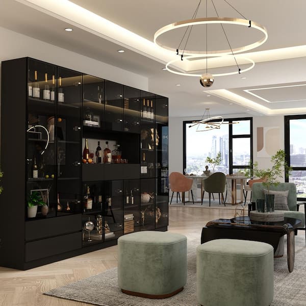 Black Wood 110.2 in. W Display Cabinet With Pop up Tempered Glass Doors, LED Lights, 5 Drawers
