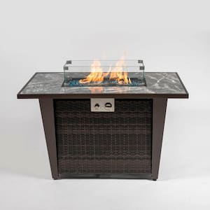 42in Rattan Fire Pit Table with Ceramic Tile Tabletop Glass Wind Guard and Rain cover Lid
