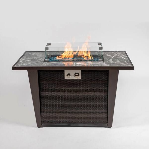 cenadinz 42in Rattan Fire Pit Table with Ceramic Tile Tabletop Glass Wind Guard and Rain cover Lid