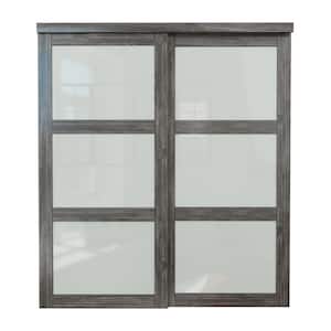 72 in. x 80 in. 3-Lites Tempered Frosted Glass Dark Walnut MDF Closet Sliding Door with Hardware Kit