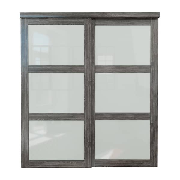 ARK DESIGN 72 in. x 80 in. 3-Lites Tempered Frosted Glass Dark Walnut MDF Closet Sliding Door with Hardware Kit