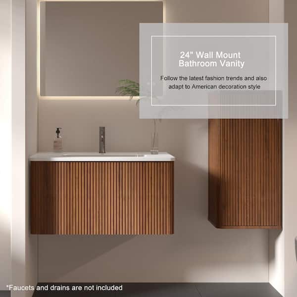 ENYA 30 in. W x 18.3 in. D x 15.6 in. H Single Sink Floating Bath Vanity in Walnut with White Caremic Top