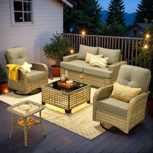 Tiberte Gray 6-Piece Wicker Patio Conversation Seating Set with Dark Gray Cushions and Swivel Chairs