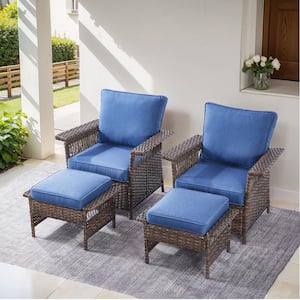 StLouis Brown Wicker Outdoor Lounge Chair with Blue Cushion(Includes 2 Chairs and 2 Ottomans)