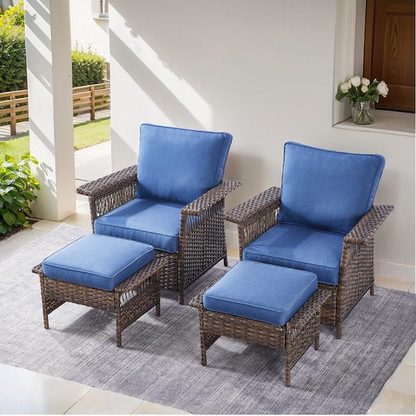 Gymojoy StLouis Brown Wicker Outdoor Lounge Chair with Blue Cushion(Includes 2 Chairs and 2 Ottomans)