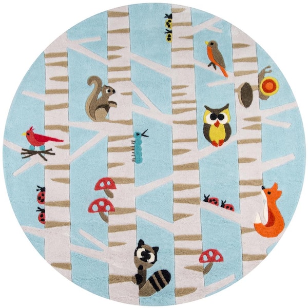 Momeni Lil Mo Whimsy Forest Critters Light Blue 5 ft. x 5 ft. Indoor Kids Round Area Rug