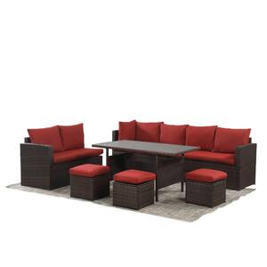 7-Pieces Brown Wicker Patio Conversation Set with Red Cushions