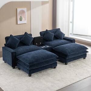 112.6" Chenille Modern Sectional Sofa in Blue with 2 Removable Ottoman, USB Ports, Cup Holders and Storage Box