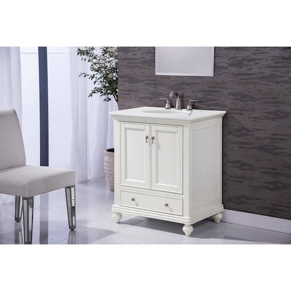 Unbranded Simply Living 30 in. W x 21 in. D x 35 in. H Bath Vanity in Antique White with Ivory White Engineered Marble