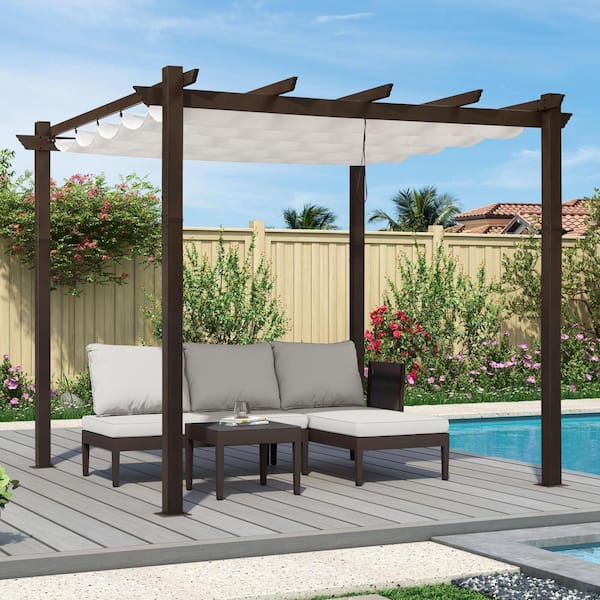 PURPLE LEAF 10 ft. W x 10 ft. D Modern Bronze Aluminum Pergola with White Adjustable UV Resistant Sun Shelter Canopy for Outdoor