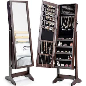 Brown Jewelry Cabinet Stand Mirror Armoire with Large Storage Box