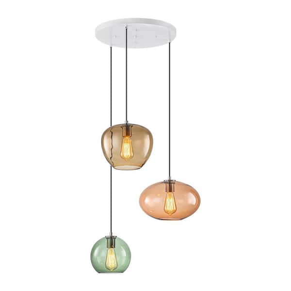 Dicino 3-Light Contemporary Vintage Cluster White Pendant Light with Colored Glass Shades