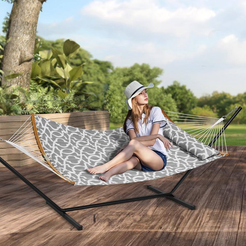 Gray Double Quilted Fabric Hammock with Stand and Pillow