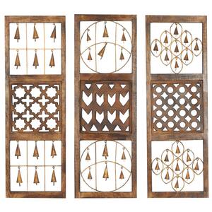Eclectic 36 in. Textured Iron and Wood Wall Panels With Hanging Bell Montages (Set of 3)