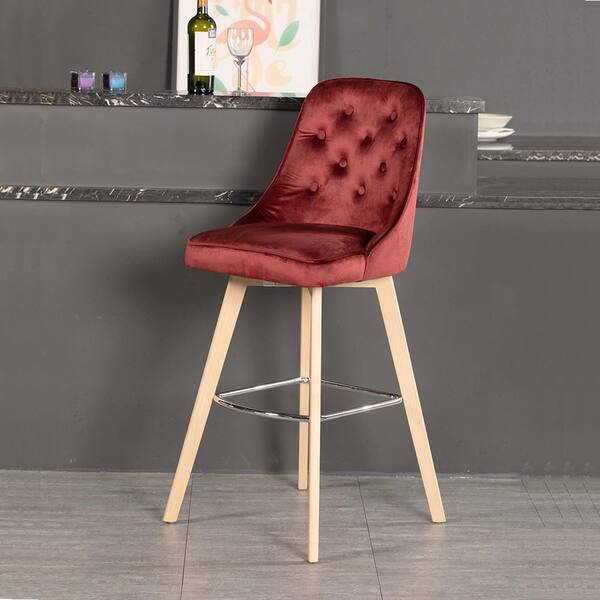 Windler 30 in. H Red High Back Upholstered Velvet Bar Stool with Solid Wood Leg Set of 2