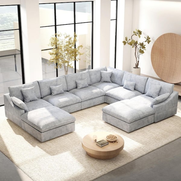 8-piece Oversized 156 in. Flared Arm Down Filled Linen Modular Sectional Sofa with Ottomans, Detachable Covers in Gray