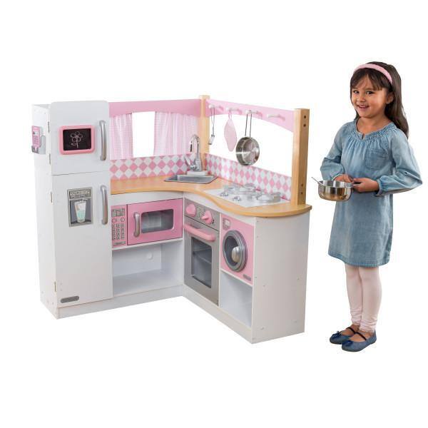 Pink and White Wooden Corner Play Kitchen Set with Accessories