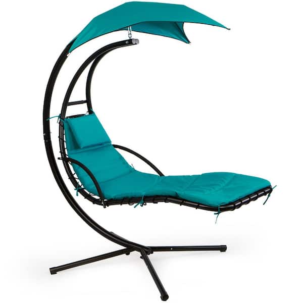 Barton Black Metal Outdoor Patio Chaise Lounge Floating Swing Chair with Polyester Navy Cushions and Sun Canopy