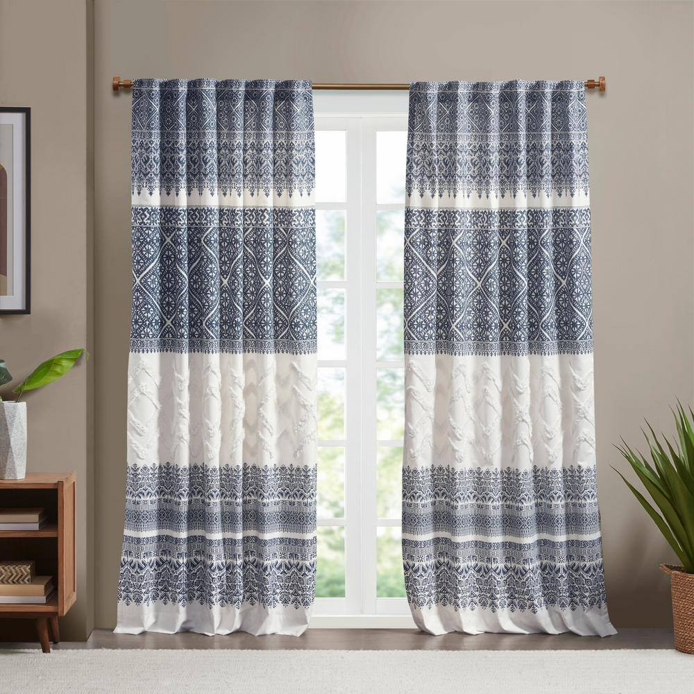 Navy and White Cotton Boho Chenille Curtain Panel