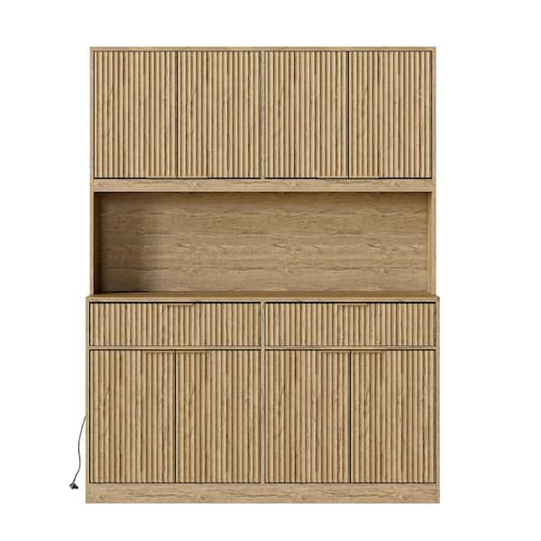 Natural Brown Wood Pantry Organizer, Modern Multi-Functional Cabinet with Power Outlet, Hollow Open Countertop