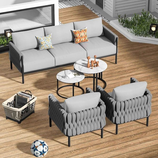 Tenleaf 5-Piece Metal Patio Conversation Set with Gray Velvet Cushions