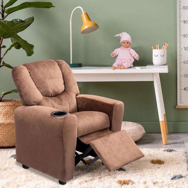 Brown/Microfiber Push Back Kids Recliner Chair with Footrest & Cup Holder, Microfiber Upholstery