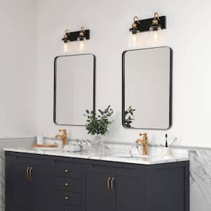 Modern Industrial Bathroom Wall Sconce 2-Light Black and Gold Transitional Bell Vanity Light with Clear Glass Shades