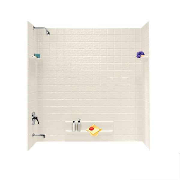 Swan 32 in. x 60 in. x 59.6 in. 5-Piece Square Tile Easy Up Adhesive Alcove Tub Surround in Bone
