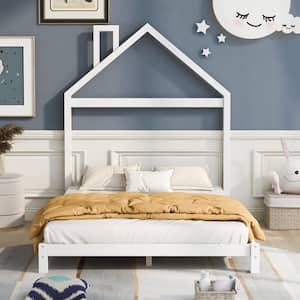 57 in.W White Full Size Platform Bed with House-Shaped Headboard, Toddler Floor Bed with Solid Wood Slats