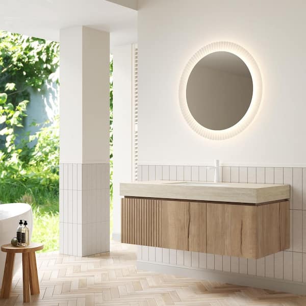 48in. Floating Single Sink White Oak Bath Vanity with Oak Sintered Stone Top