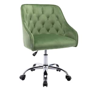 Height Adjustable Button Tufted Swivel Task Chair in Green Velvet with Sloped Armrest